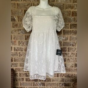 Lulus White Floral Puff Sleeve Babydoll Dress Bridal Mini Large NWT